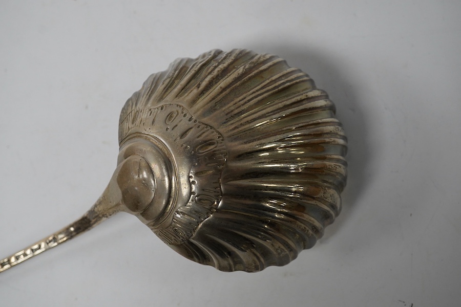 A George II silver Old English pattern soup ladle, by Ebenezer Coker, London, 17??, 33.6cm, 5.4oz. Condition - poor